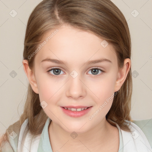 Joyful white child female with medium  brown hair and brown eyes