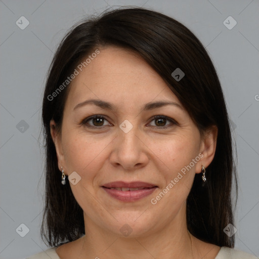 Joyful white adult female with medium  brown hair and brown eyes