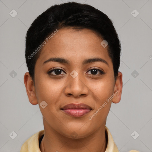 Joyful asian young-adult female with short  black hair and brown eyes