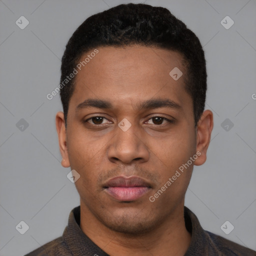 Neutral latino young-adult male with short  black hair and brown eyes