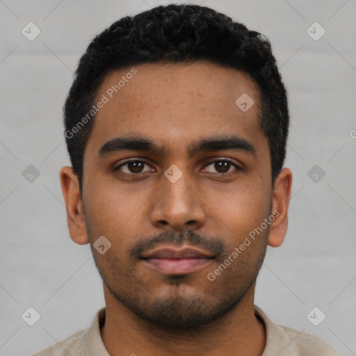 Neutral latino young-adult male with short  black hair and brown eyes