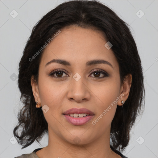 Joyful latino young-adult female with medium  brown hair and brown eyes