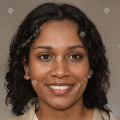 Joyful black young-adult female with medium  brown hair and brown eyes