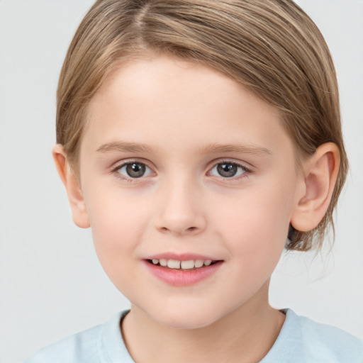 Joyful white child female with medium  brown hair and brown eyes