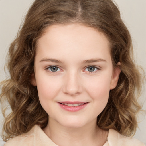 Joyful white child female with medium  brown hair and brown eyes