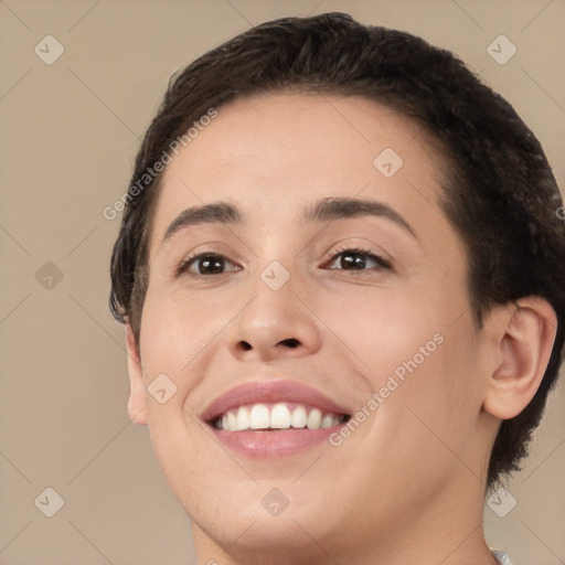 Joyful white young-adult female with medium  brown hair and brown eyes