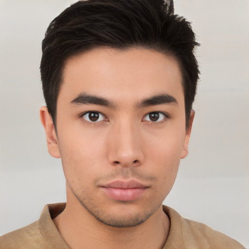 Neutral asian young-adult male with short  brown hair and brown eyes