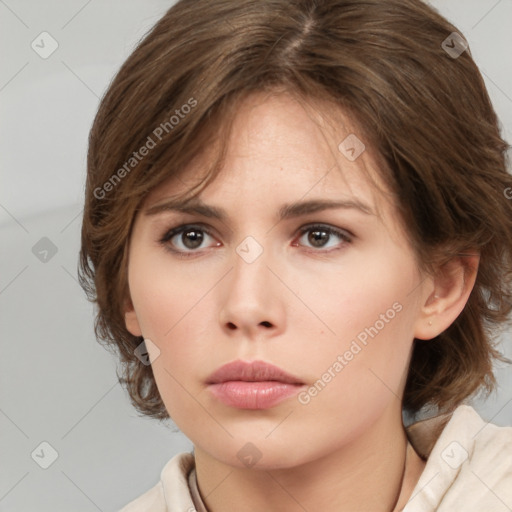 Neutral white young-adult female with medium  brown hair and brown eyes