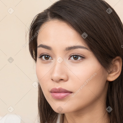 Neutral white young-adult female with long  brown hair and brown eyes