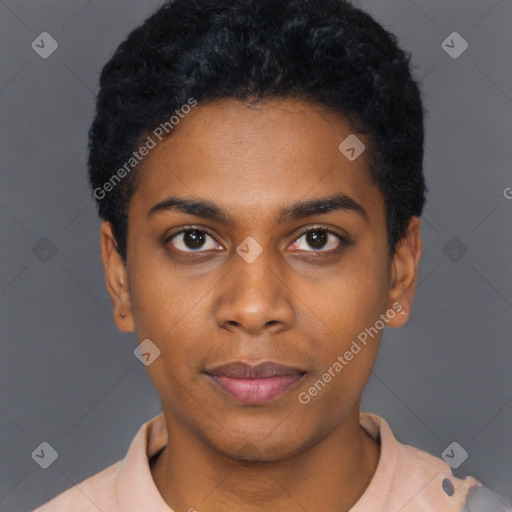 Neutral black young-adult female with short  black hair and brown eyes