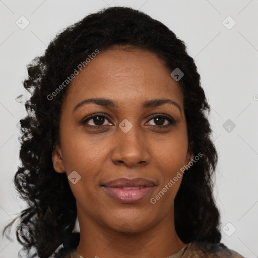 Joyful black young-adult female with medium  black hair and brown eyes