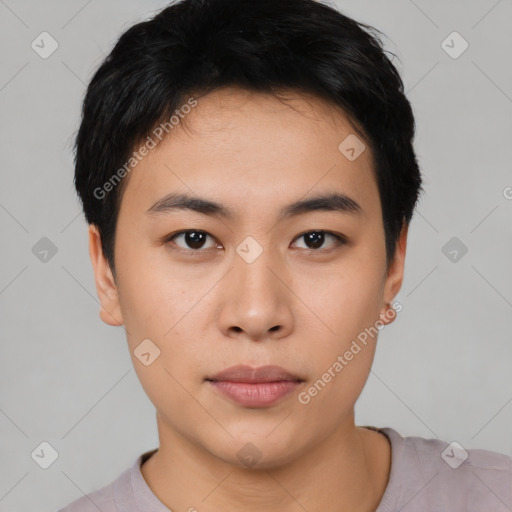 Neutral asian young-adult male with short  black hair and brown eyes