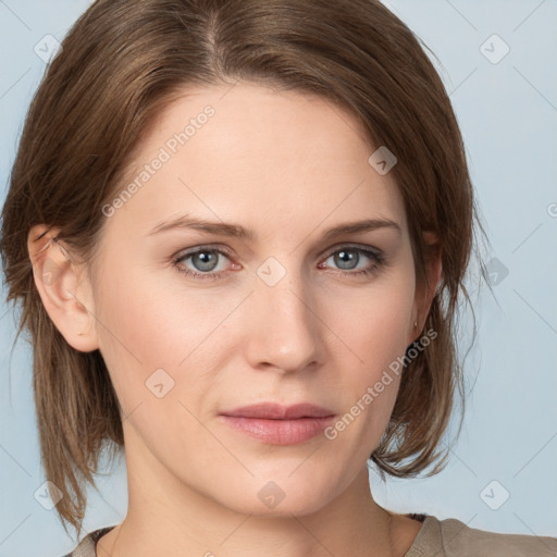 Neutral white young-adult female with medium  brown hair and grey eyes