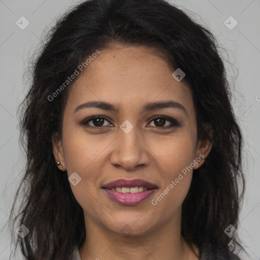 Joyful latino young-adult female with long  brown hair and brown eyes