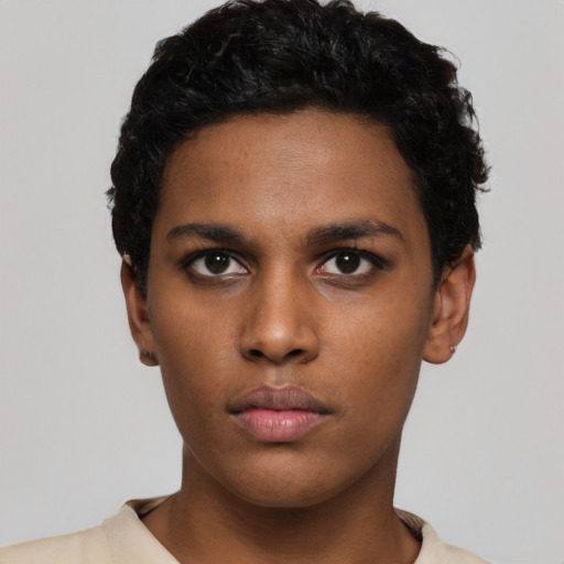 Neutral black young-adult male with short  black hair and brown eyes