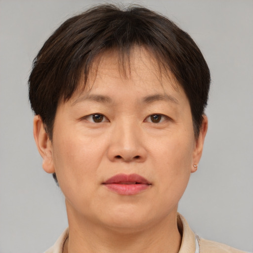 Joyful asian adult female with short  brown hair and brown eyes