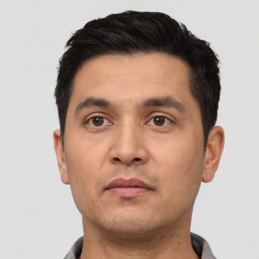 Neutral white young-adult male with short  black hair and brown eyes