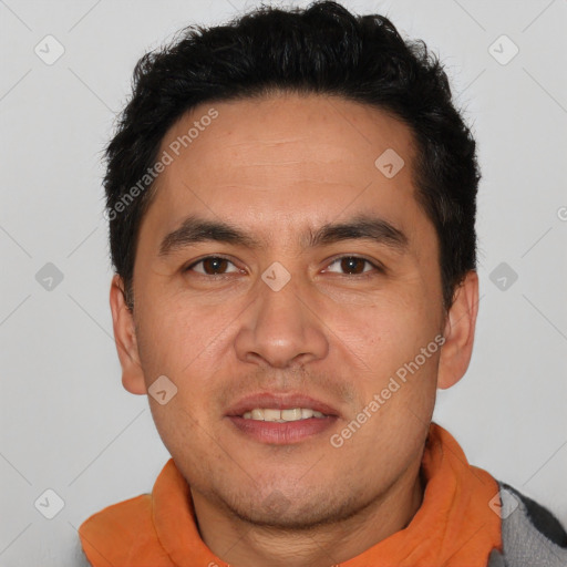 Joyful white young-adult male with short  black hair and brown eyes