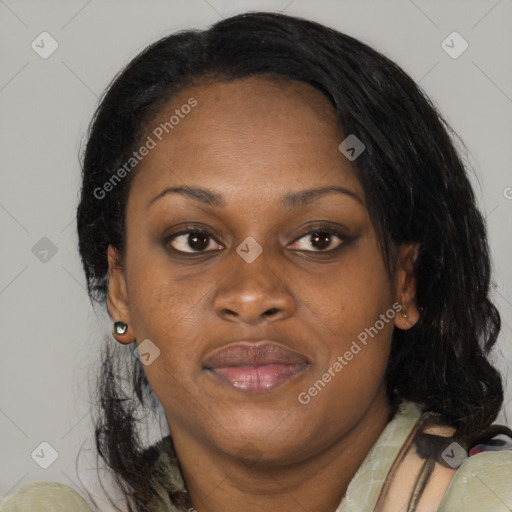 Joyful black adult female with medium  brown hair and brown eyes