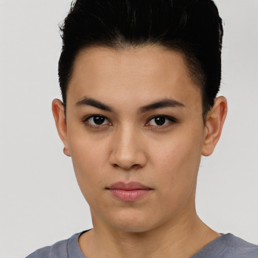 Neutral latino young-adult female with short  black hair and brown eyes