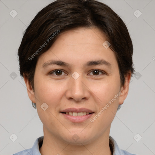 Joyful white young-adult female with short  brown hair and brown eyes