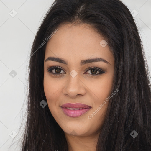 Joyful latino young-adult female with long  brown hair and brown eyes