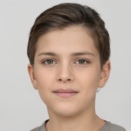 Neutral white young-adult female with short  brown hair and brown eyes