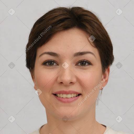 Joyful white young-adult female with short  brown hair and brown eyes