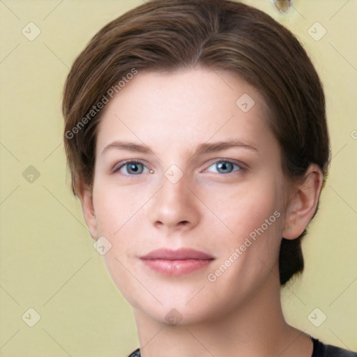 Neutral white young-adult female with medium  brown hair and green eyes