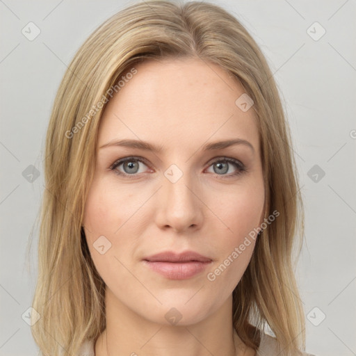 Neutral white young-adult female with medium  brown hair and grey eyes