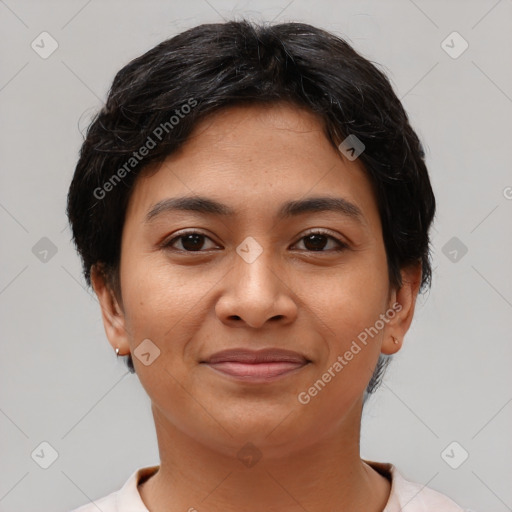 Joyful latino young-adult female with short  brown hair and brown eyes