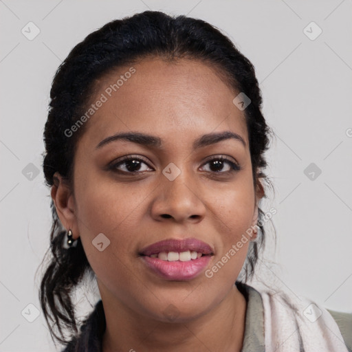 Joyful black young-adult female with medium  black hair and brown eyes