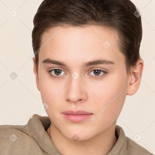 Neutral white young-adult female with short  brown hair and brown eyes