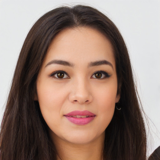Joyful asian young-adult female with long  brown hair and brown eyes