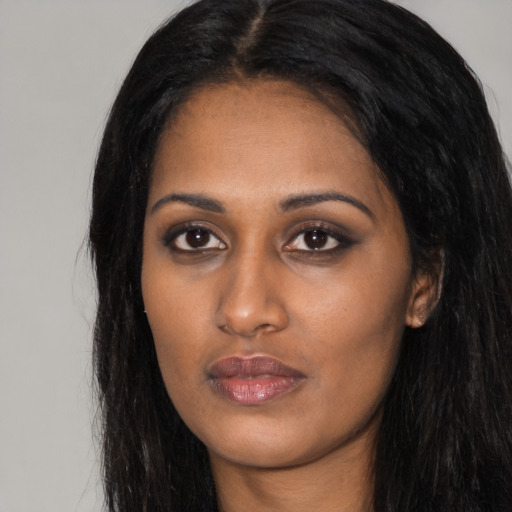 Neutral asian young-adult female with long  black hair and brown eyes
