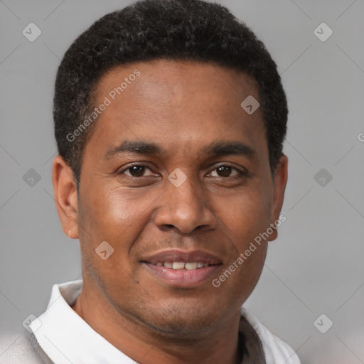 Joyful latino young-adult male with short  brown hair and brown eyes