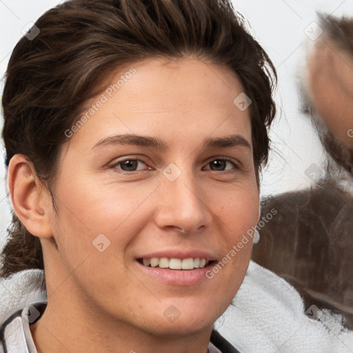 Joyful white young-adult female with medium  brown hair and brown eyes