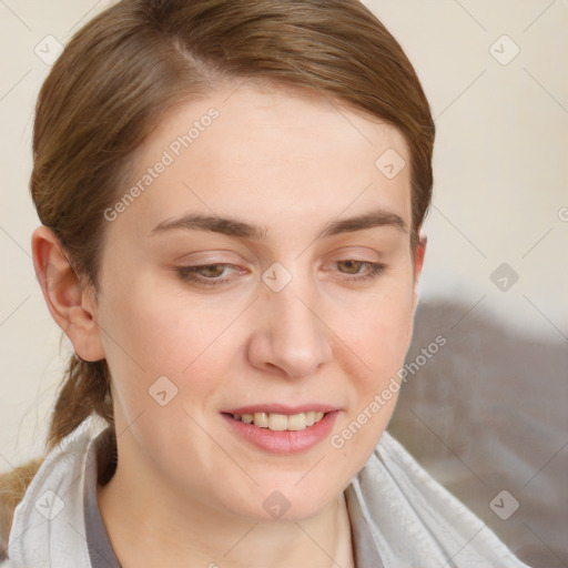 Joyful white young-adult female with medium  brown hair and blue eyes