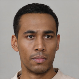 Neutral black young-adult male with short  black hair and brown eyes