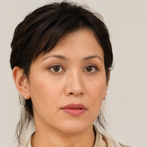 Neutral white adult female with medium  brown hair and brown eyes