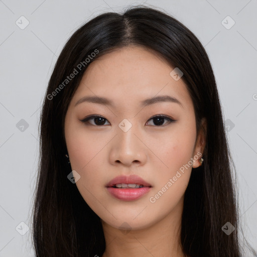 Neutral asian young-adult female with long  black hair and brown eyes