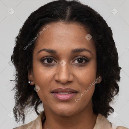 Joyful black young-adult female with medium  brown hair and brown eyes