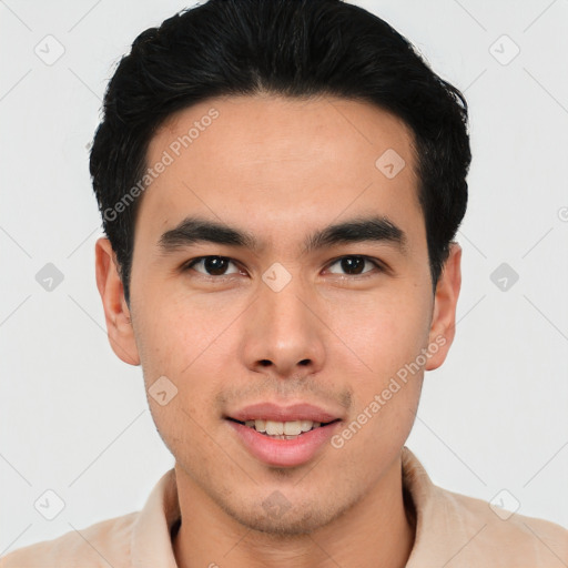 Joyful asian young-adult male with short  brown hair and brown eyes