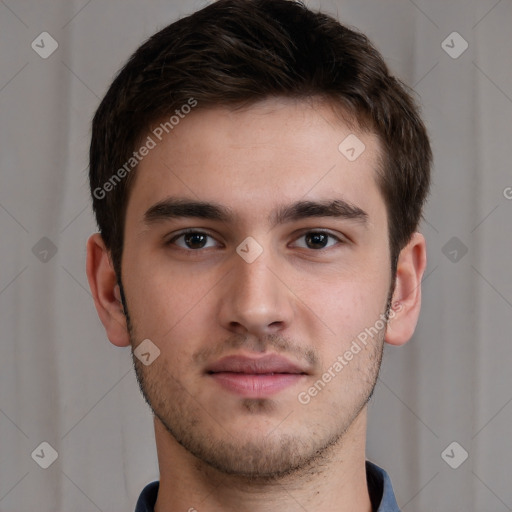 Neutral white young-adult male with short  brown hair and brown eyes