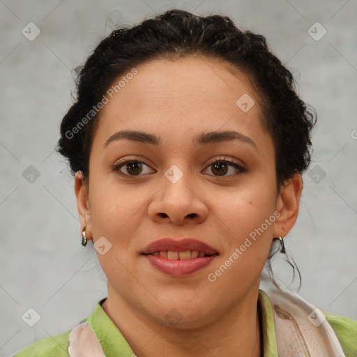 Joyful latino young-adult female with short  brown hair and brown eyes