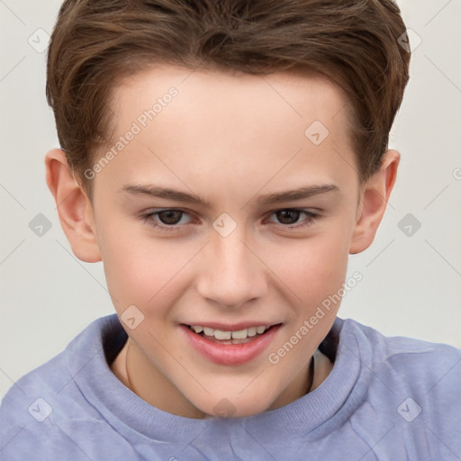 Joyful white child female with short  brown hair and brown eyes