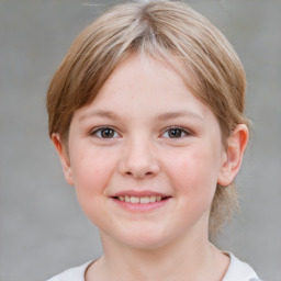 Joyful white child female with medium  brown hair and grey eyes