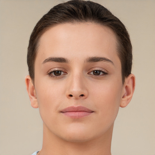 Neutral white young-adult female with short  brown hair and brown eyes