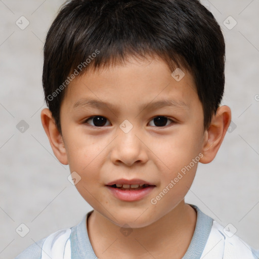 Joyful white child male with short  brown hair and brown eyes