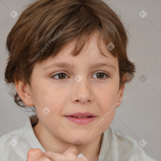 Joyful white child female with medium  brown hair and brown eyes